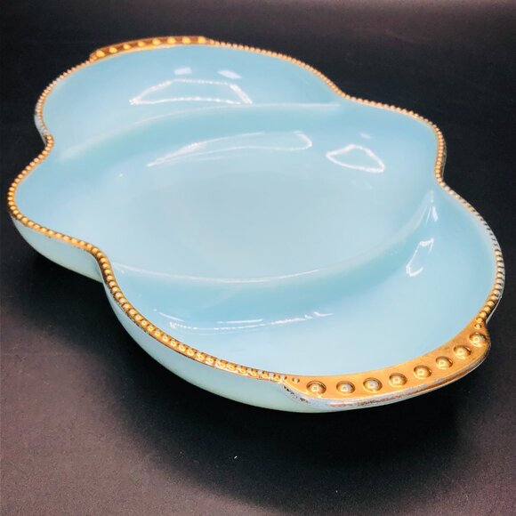 Vintage FIRE KING Delphite Blue Milk Glass Relish Divided Dish Serveware - Picture 5 of 12